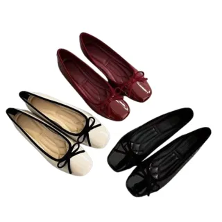 【JP Queen New York】浪漫法式蝴蝶結方頭平底淺口豆豆娃娃鞋(3色可選)