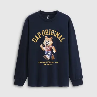 【GAP】男裝 Logo純棉小熊印花圓領長袖上衣-海軍藍(788406)