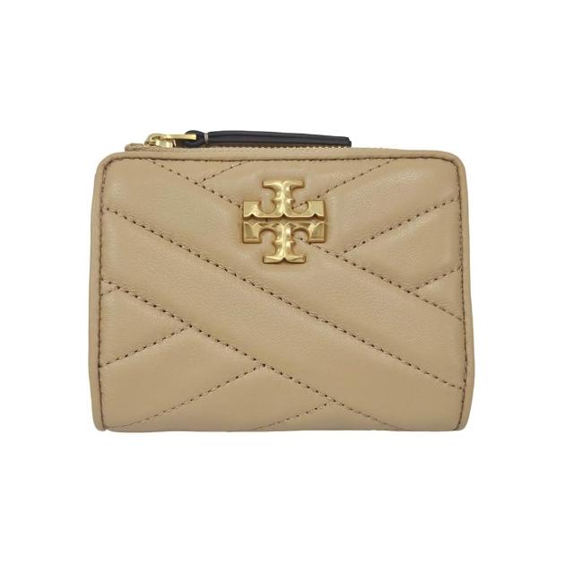 TORY BURCH KIRA CHEVRON 雙T金屬LOGO壓紋釦式短夾 奶茶色(贈原廠紙袋)