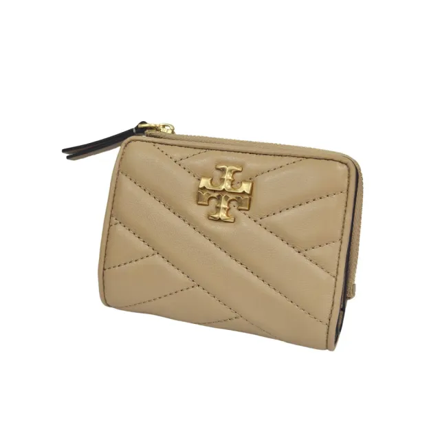 TORY BURCH KIRA CHEVRON 雙T金屬LOGO壓紋釦式短夾 奶茶色(贈原廠紙袋)