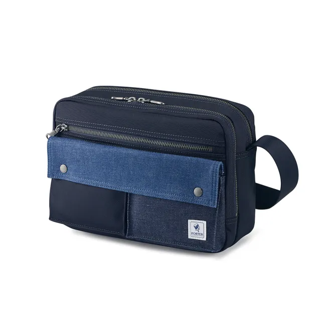 【PORTER INTERNATIONAL】牛仔拼接PATCH WORK雙層斜背包-M(深藍色)
