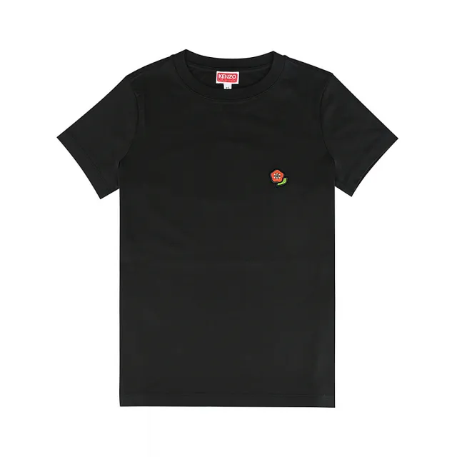 【KENZO】KENZO Pop 白字針繡LOGO左胸海棠花棉質短袖T恤(女款/黑)