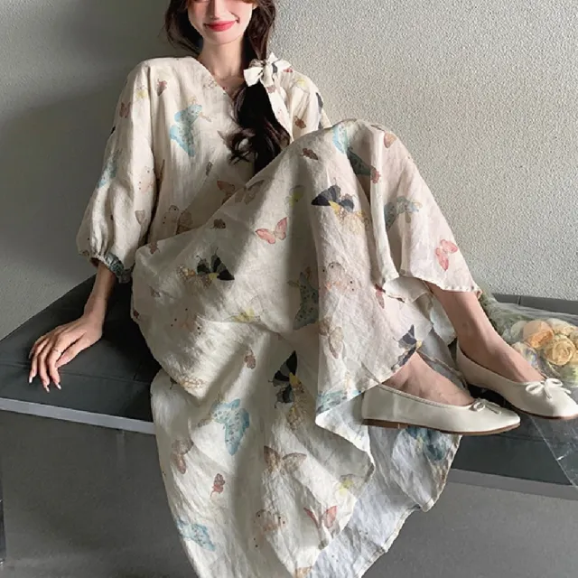 【巴黎精品】高級法式長洋裝中長裙洋裝連身裙子A字裙大碼寬鬆休閒女裝(蝴蝶印花女裙子n1ku18)