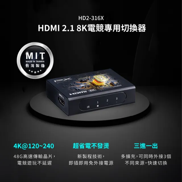 【-PX 大通】8K美國HDMI 2.1認證三進一出3進1出電腦PS5電視Hdmi切換分配器hdmi電競8k切換器4k(HD2-316X)