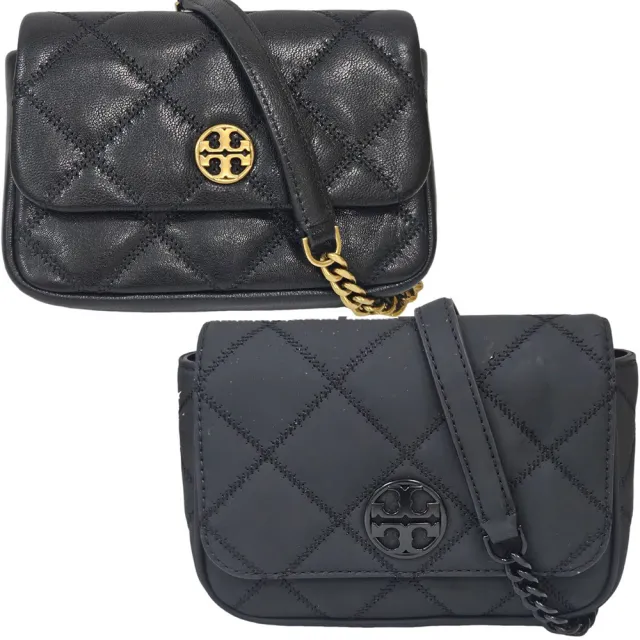 【TORY BURCH】TB  WILLA菱格紋鍊條肩背斜背腰包三用包(霧黑色/金色LOGO標荔枝紋黑/贈原廠防塵袋紙袋)