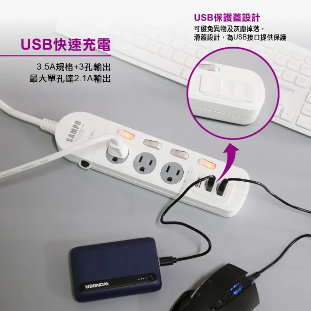 【SAMPO 聲寶】防雷擊四開三插保護蓋USB延長線4尺-EL-W43R4U3