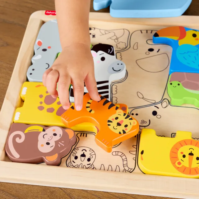 【Fisher price 費雪】木製動物積木拼圖(寶寶安撫/嬰兒玩具/彌月禮/新生兒)