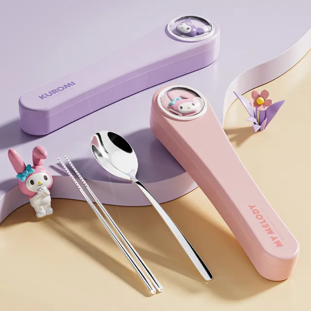 【SANRIO 三麗鷗】萌趣便攜304不鏽鋼筷子湯匙環保餐具組 附收納盒(酷洛米/美樂蒂/凱蒂貓/大耳狗/帕恰狗)