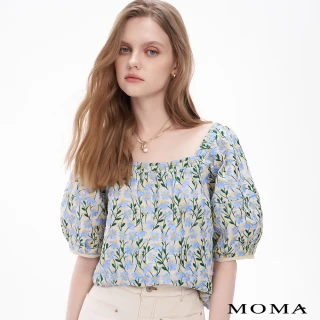 【MOMA】愛麗絲花園蕾絲刺繡方領棉麻上衣(卡其色)