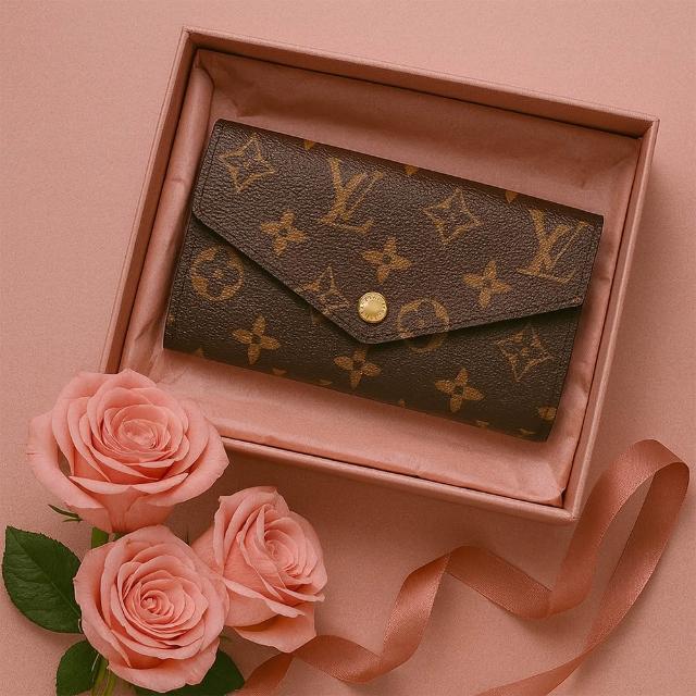 LV LOUIS VUITTON路易威登 M62235 經典 SARAH 系列 Monogram 帆布印花暗釦長夾