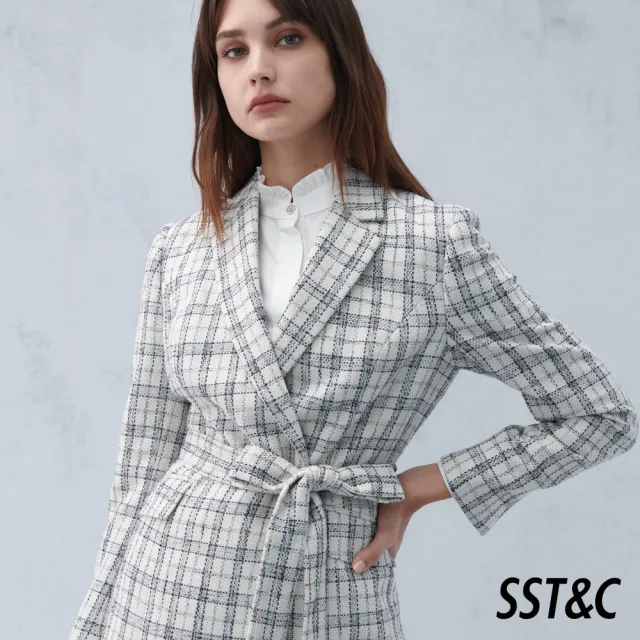 【SST&C】女裝 灰白格紋翻領腰帶休閒外套8162209005(雙11精選)