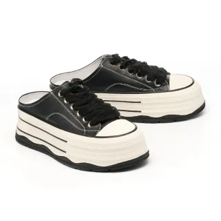 【MISS 21】率性仙仙懶人雙綁帶牛皮厚底休閒穆勒拖鞋(黑)