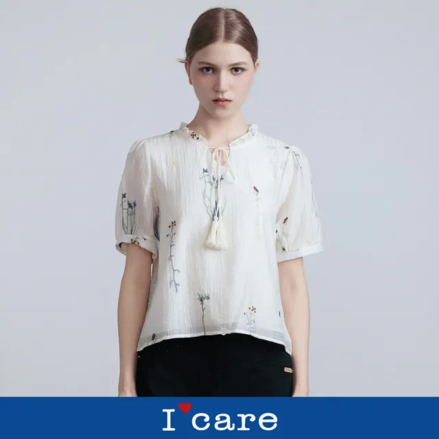 【I’Care 依卡】現貨-氣質花草壓紋流蘇綁結上衣（F）｜女短袖上衣 女休閒上衣 純白上衣(607-20301)