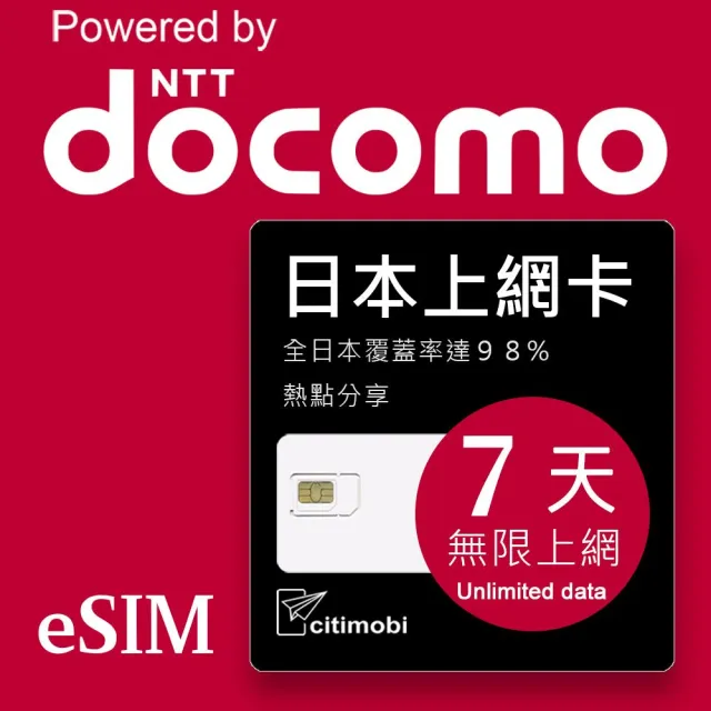 【citimobi】eSIM日本DOCOMO 7天吃到飽不降速(日本網卡 吃到飽 不降速 日本 網卡 沖繩 大阪 北海道 eSIM)