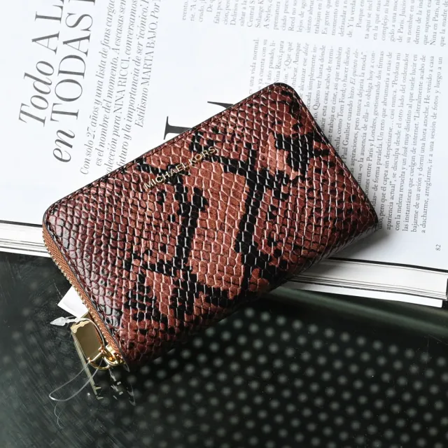 【Michael Kors】金屬LOGO蛇紋皮革信用卡證件名片零錢包(深咖)
