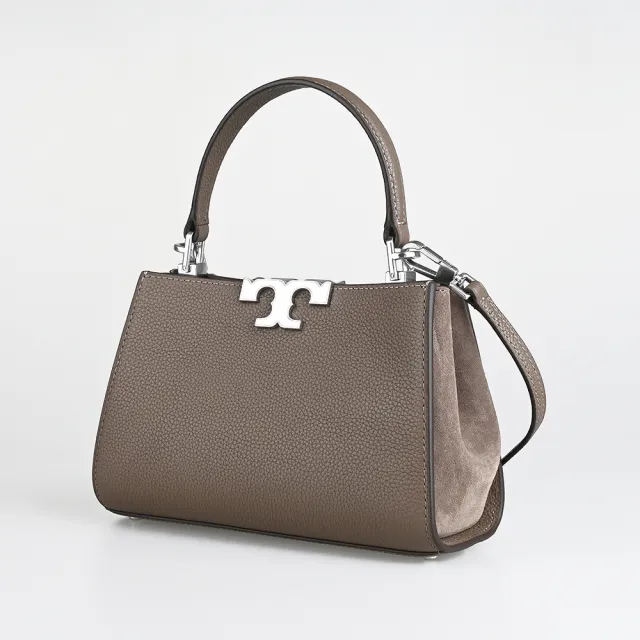 【TORY BURCH】TORY BURCH Eleanor 鍍銀T字LOGO皮革拼側邊麂皮磁吸釦斜背包(蘑菇棕)