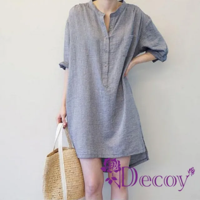 【Decoy】棉麻條紋 V領五分袖寬鬆襯衫連身裙(灰色)