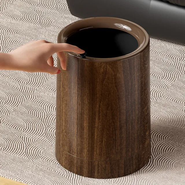 【AOTTO】禪風仿木紋附輪垃圾桶(12L)
