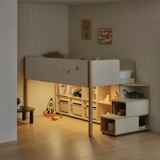 【iloom 怡倫家居】DOODLE 上下舖床架 三層階梯櫃含下方照明(床架 雙層床 單人床架 雙人床架 兒童床架)