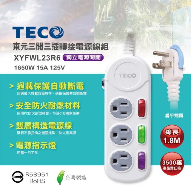 【TECO 東元】三開三插電源延長線1.8M(XYFWL23R6)