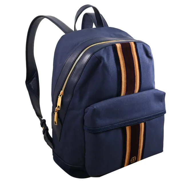 【BALLY】烙印LOGO條紋絨布拼接帆布大旅用包商務包後背包(海藍)