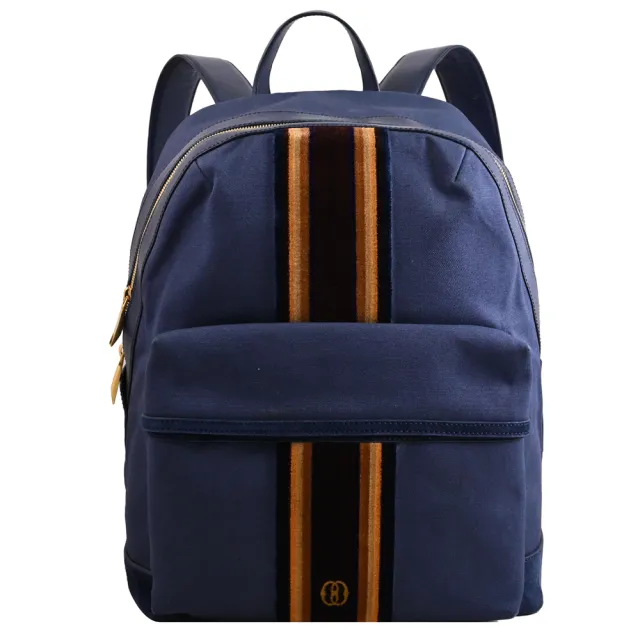 【BALLY】烙印LOGO條紋絨布拼接帆布大旅用包商務包後背包(海藍)