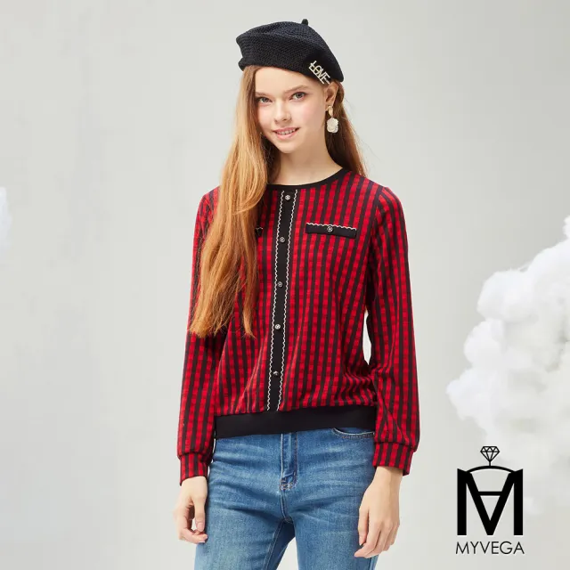 【MYVEGA 麥雪爾】MA經典立體花釦格紋上衣-紅(復古T/新年紅色開運穿搭)