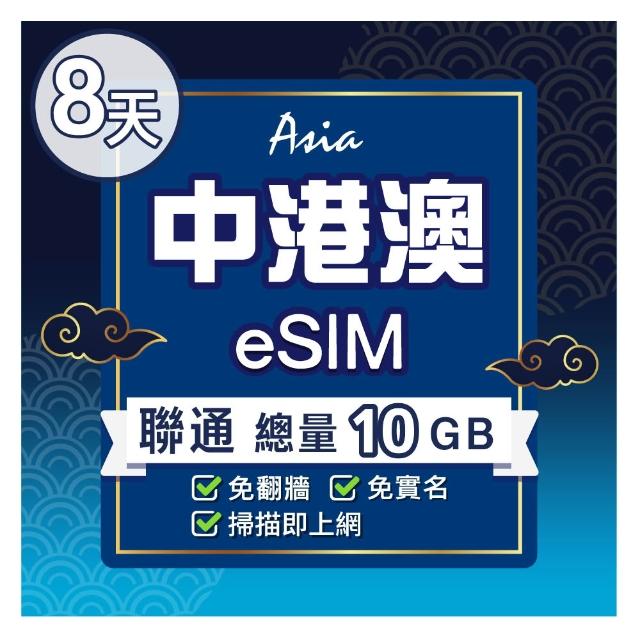 【環亞電訊】eSIM中港澳08天總量10GB(24H自動發貨 中國網卡 大陸 香港 澳門 中國聯通 免翻牆 免換卡 eSIM)