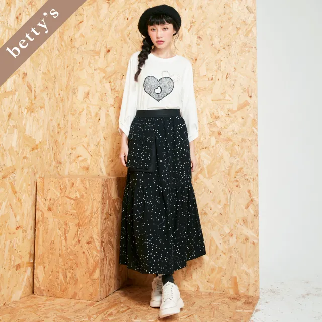 【betty’s 貝蒂思】出清品  愛心刺繡珍珠亮鑽七分袖T-shirt(白色)