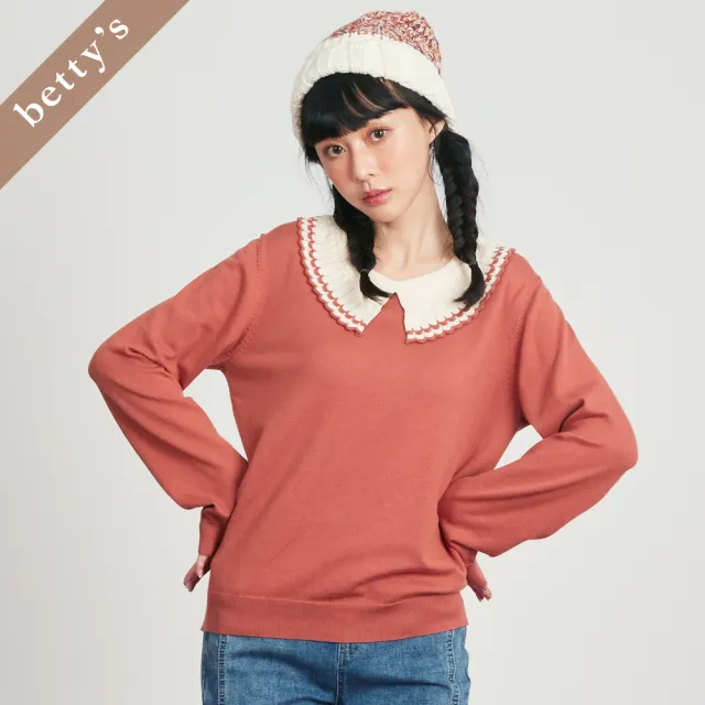 【betty’s 貝蒂思】出清品  撞色荷葉邊翻領針織上衣(橘紅色)