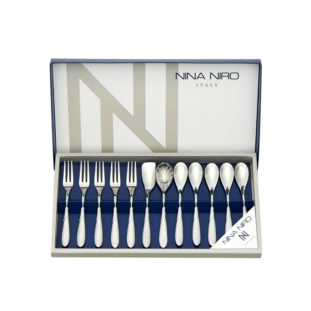 【YS-MART】義大利品牌Nina Niro 點心叉匙組 特殊果醬刀 12件組(日本製造 禮盒 餐具組 叉匙 湯匙 叉子)