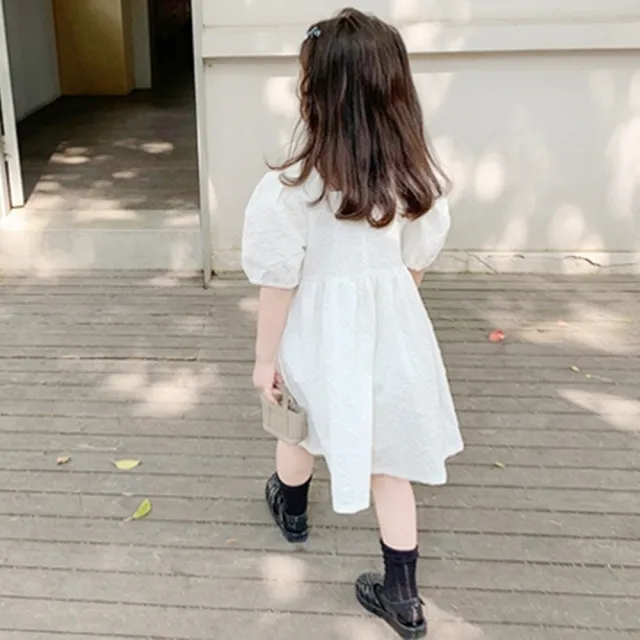 【橘魔法】方領花朵壓紋純白連身洋裝（小孩賣場）(親子裝 連身裙 連衣裙 兒童 女童 童裝)