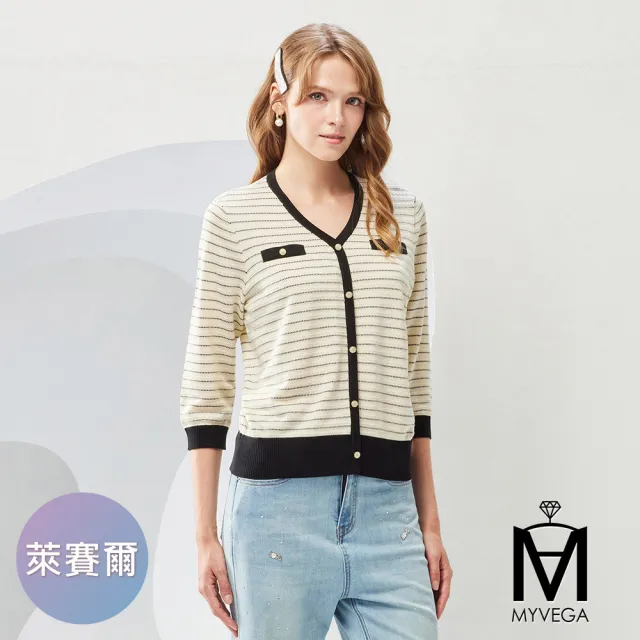 【MYVEGA 麥雪爾】MA提花條紋鑽釦針織上衣-黑(通勤風/)