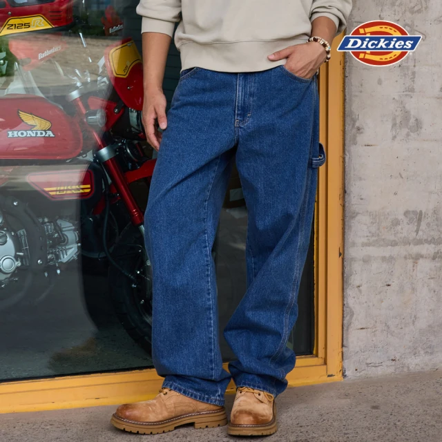 【Dickies】男款石洗靛藍色純棉多口袋休閒直筒牛仔伐木工裝長褲｜DK001993C7K