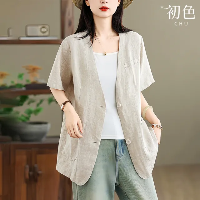 【初色】棉麻風V領短袖單排釦大口袋西裝外套女外套-共3色-14792(M-2XL可選)