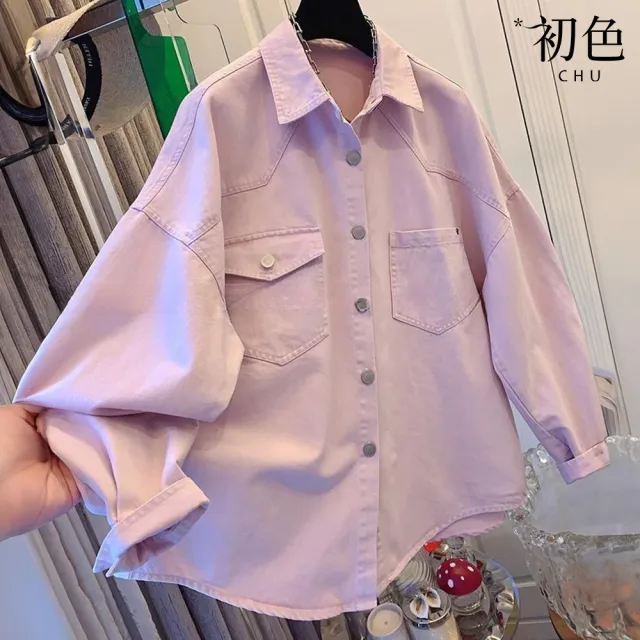 【初色】慵懶風寬鬆純色單排釦胸口袋翻領長袖落肩袖牛仔襯衫上衣女上衣-共2色-14785(M-XL可選)