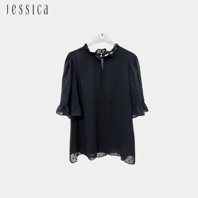 【JESSICA】優雅木耳邊小立領短袖雪紡上衣243305
