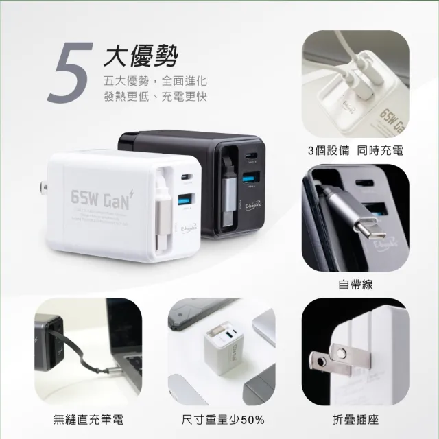 【E-books】AC-DK80T自帶快充伸縮線65W GaN氮化鎵抗彎折極速充電器(台灣製造)