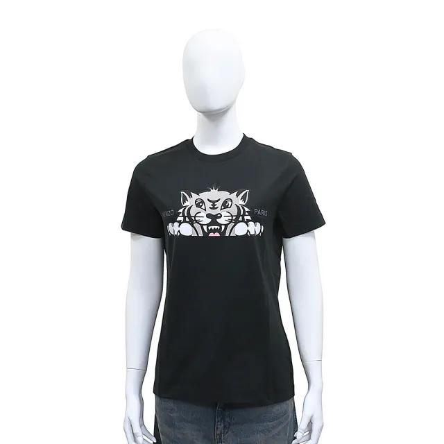 【KENZO】KENZO Happy Tiger印黑字LOGO純棉快樂老虎圖案圓領短袖T恤(女款/黑)