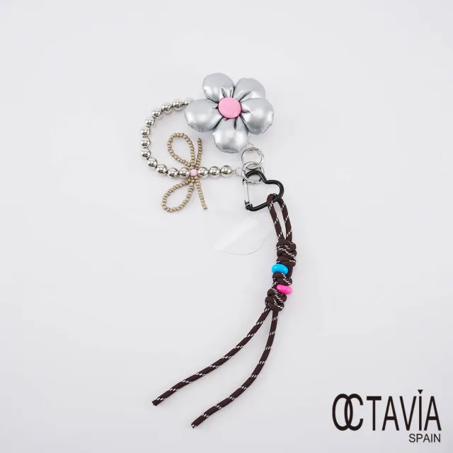【OCTAVIA 8】雙11 澎澎立體花朵銀鍊幸運繩手機包包吊飾- 黑粉/ 銀粉二色可選(萬用小吊飾)