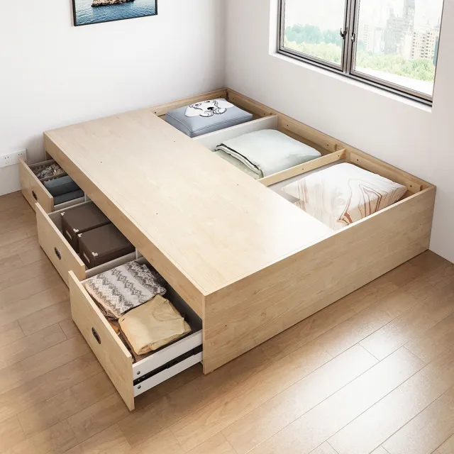 【hoi! 好好生活】Linsy塌塌米收納雙人床架150x190 原木色 JJ1A