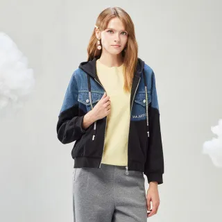 【MYVEGA 麥雪爾】MA連帽抽繩異材質拼接丹寧牛仔外套-藍