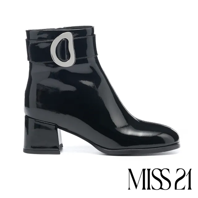 【MISS 21】復古時髦扭曲大釦牛漆皮方頭高跟短靴(黑)