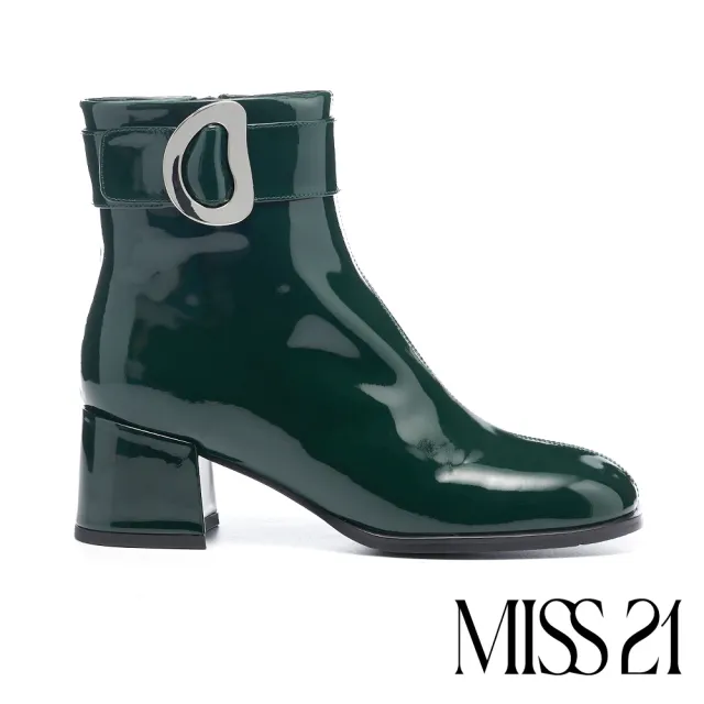 【MISS 21】復古時髦扭曲大釦牛漆皮方頭高跟短靴(綠)