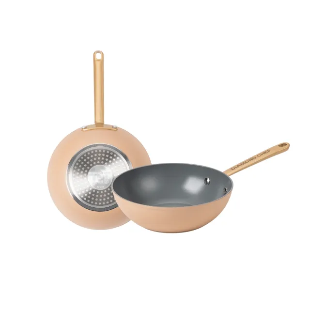 【DIAMOND CHEF】火山熔岩不沾鍋小炒鍋22cm(奶茶色/粉紫色/IH爐可用/泡麵鍋)