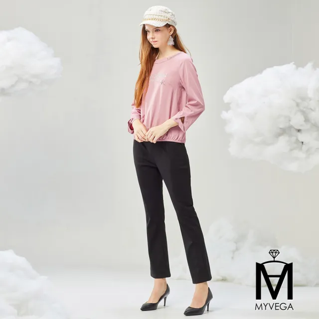 【MYVEGA 麥雪爾】MA立體字母蝴蝶結吸濕速乾竹節織紋上衣-粉紫(通勤風/)