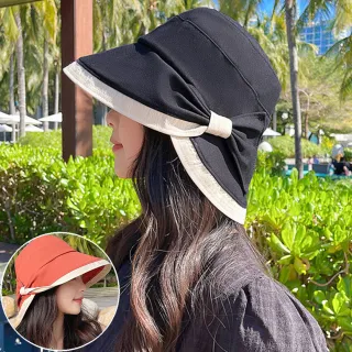 【Seoul Show 首爾秀】拼色扭扭蝴蝶結棉質混紡漁夫帽四季防曬遮陽帽(抗UV紫外線)