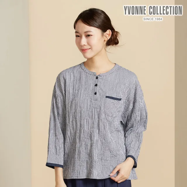 【YVONNE 以旺傢飾】皺皺細格紋提花半開襟長袖上衣-永恆灰