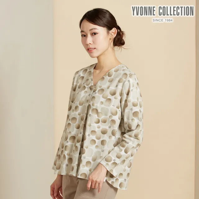 【YVONNE 以旺傢飾】刷毛暈染印花V領長袖上衣-卡其
