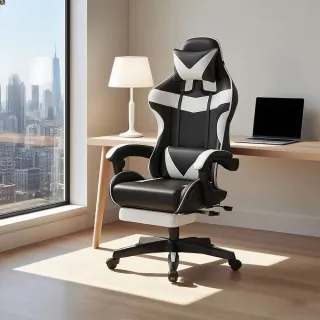 【E家工廠】電競椅 升降電腦椅 電腦椅 辦公椅 可調節電競椅 舒適躺椅 帶擱腳(340-電競椅（黑+淺灰色）)